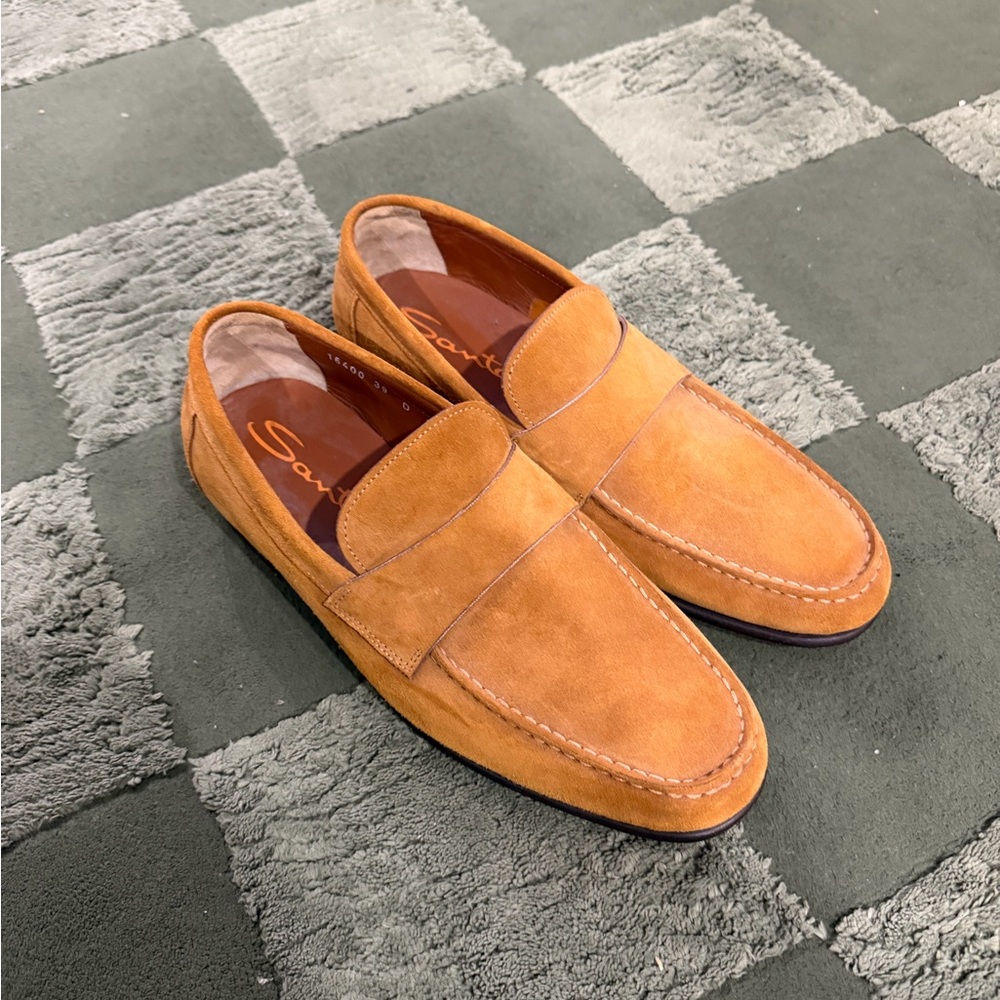 NWOT Santoni Men's Brown Suede Penny Loafers